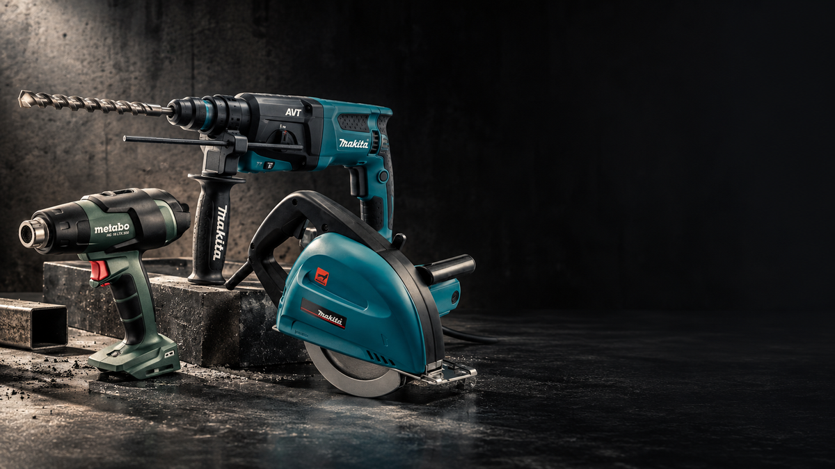 Makita cordless power tools arranged on a dark studio surface: a drill with bit, a circular saw, and a hammer drill, photographed against a dark background.