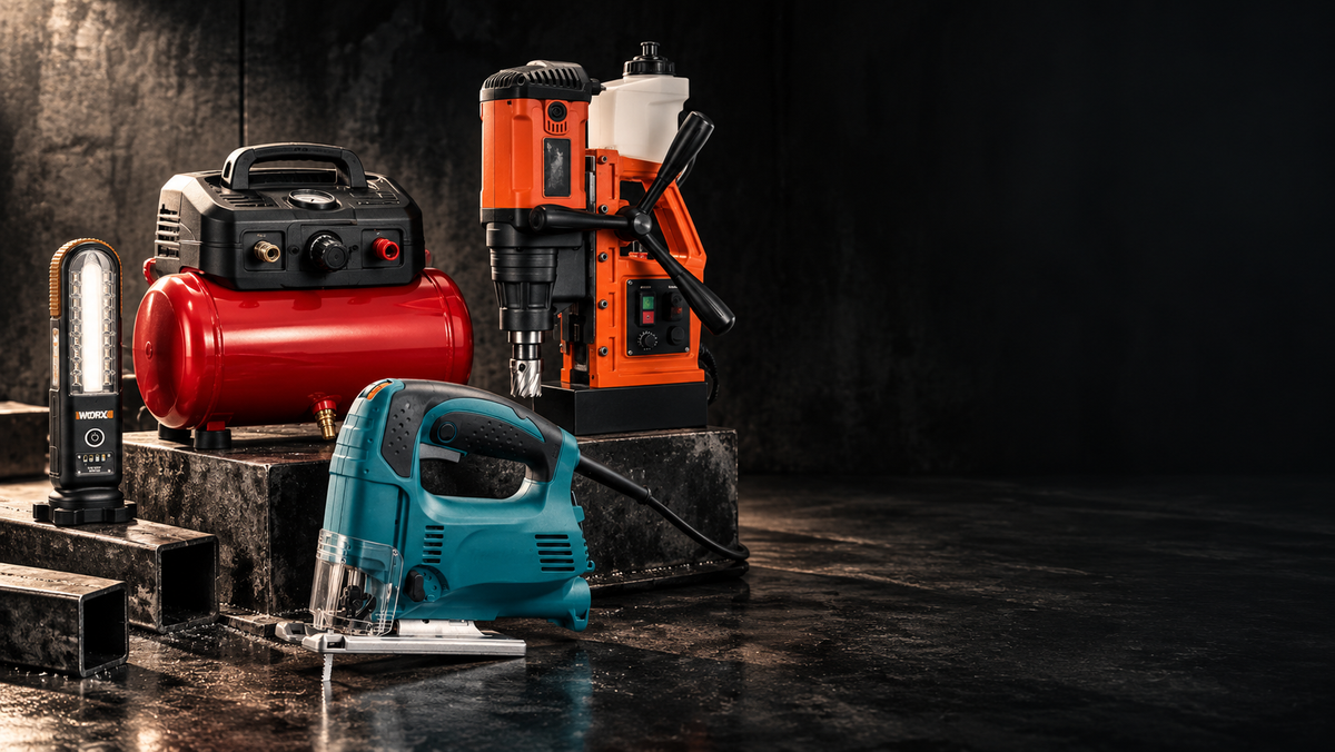 A group of cordless power tools arranged on dark stone risers in a moody studio setting: a teal jigsaw, an orange and black drill press, a red air compressor, and a black lantern.