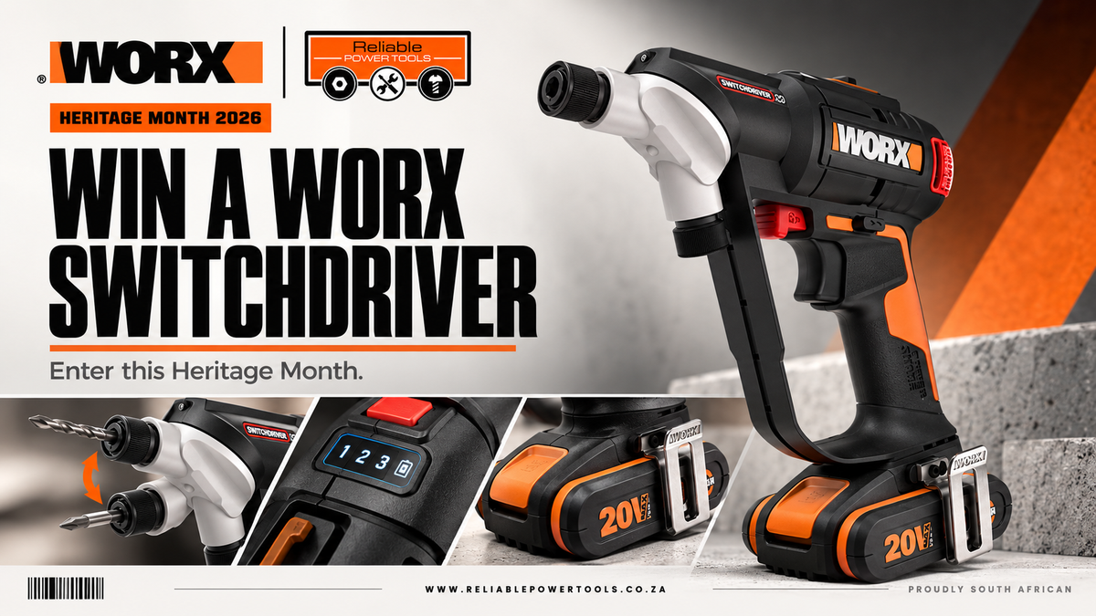 Promotional graphic for WORX featuring a cordless switchdriver tool, with smaller inset views of the battery and head. Large text reads 'WIN A WORX SWITCHDRIVER' and 'Enter this Heritage Month.